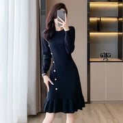 Pink Knitted Dress Women's Autumn New Round Neck High Waist Long Sleeve Slim Sweater A-line Small  Dress