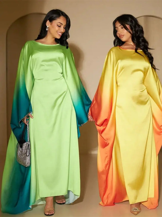 Gradient Batwing Butterfly Sleeve Satin Abaya Dubai Luxury Muslim Kaftan Dress For Women Kebaya Caftan Marocain Femme Vestidos