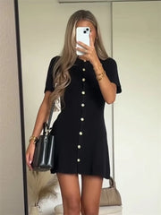 Trendix Elegant Knit Mini Dress Women Street Slim High Waist Short Sleeve Rib Sweater Dresses Vacation Bodycon Knitwear Dress