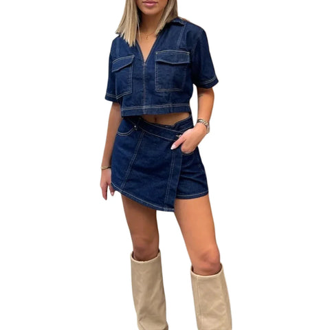 Women’s 2 Piece Denim Outfits Summer Short Sleeve Lapel Jean Pullover Tops and Asymmetrical Shorts Set for Streetwear Grunge Y2K