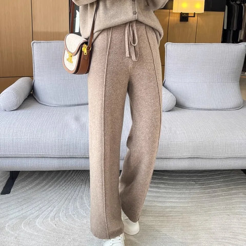 2024 High-end Cashmere Temperament Wide-leg Pants Women's High Waist 100 Pure Wool Pants Loose Casual Straight Outer Trousers