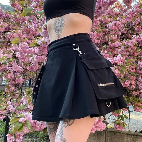 Harajuku Punk Gothic Black High Waist Black Skirts Women Sexy Patchwork Bandage Mini Female Streetwear Black Skirt