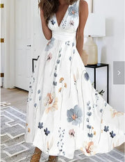 Summer V Neck Sleeveless Slim Sexy White Printing Casual Maxi Dresses Floral Elegant Party Holiday Long Dress Women