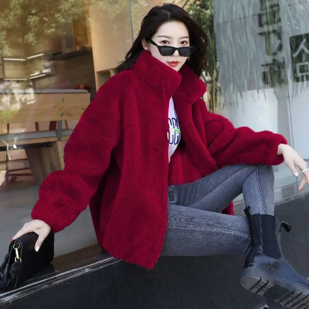 Women Winter Double Coral Fleece Warm Coat Stand Collar Plush Thick Overcoat Female Fashion Casual Long Sleeve Zipper Clothes