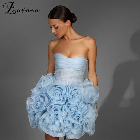 Zavana Delicate Tulle Flower Homecoming Dresses Sheath Strapless Backless Vestido De Noche Saudi Arabric Gala Muslim Customized