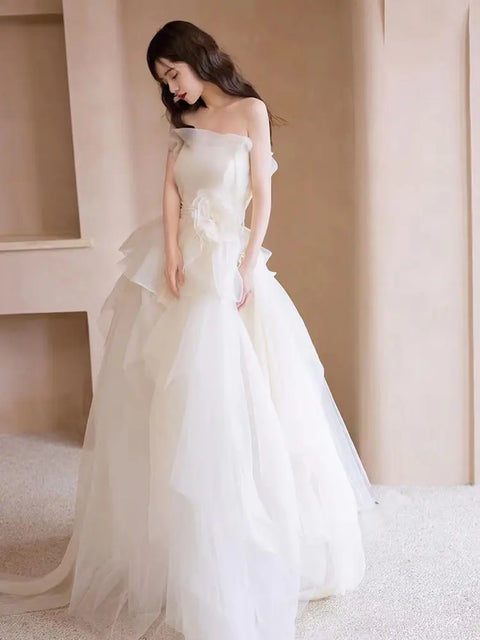 White Strapless Light Wedding Dresses Korean Simple Organza Ball Gown Bride's Wedding Dress Formal Evening Dress for Women boda