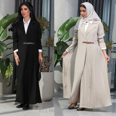 Abaya Dubai Luxury Middle East Elegant Arbian Abayas Black White Cardigan Kebaya Islamic Kaftan Pleated Leather Buttons Coat