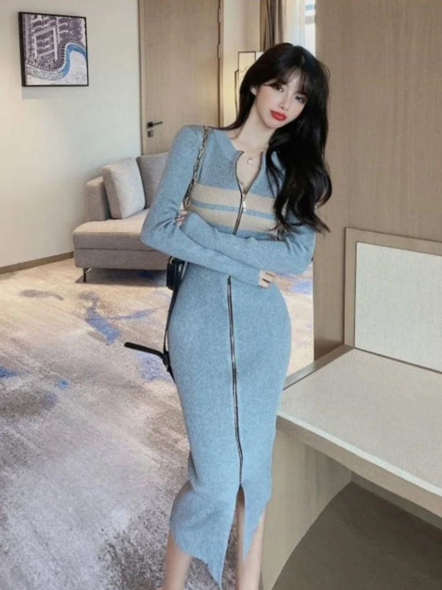 Woherb Sexy Long Sleeve Knitted Dress Women Slim Temperament Elegant Elastic Y2k Bodycon Vestido Midi  Zipper Dresses Korean