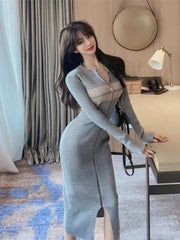 Woherb Sexy Long Sleeve Knitted Dress Women Slim Temperament Elegant Elastic Y2k Bodycon Vestido Midi  Zipper Dresses Korean