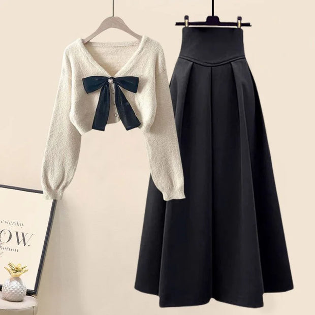 Korean Fashion Casual Skirt Sets Knitted Pullover+ Slim Umbrella Skirt Two Piece Set Plus Size Clothing