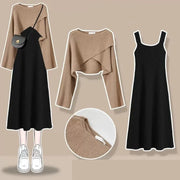 Women Spring Autumn New Vintage O-Neck Knit Sweater+sexy Sling Skirt 2-piece Suit Korean Chic Short Pullover Dress Matching Set