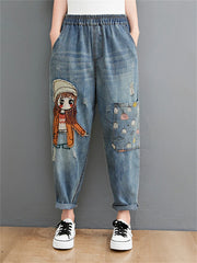 6537 Cartoon Litter Girl Embroidery Denim Pants For Women Trendy Hole Casual High Waist Breeches Pockets Mom Harem Blue Jeans