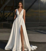 Customized Simple A-Line Wedding Dress Satin Side Slit Floor Length  For women Robe De Mariee With Pocket White Elegant