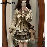 KAMEHARA French Lolita Set Cute Sweet Lapel Long Sleeved Shirt Mint Colored Sweater Short Skirt Spring Autumn 3 Piece Set Платье