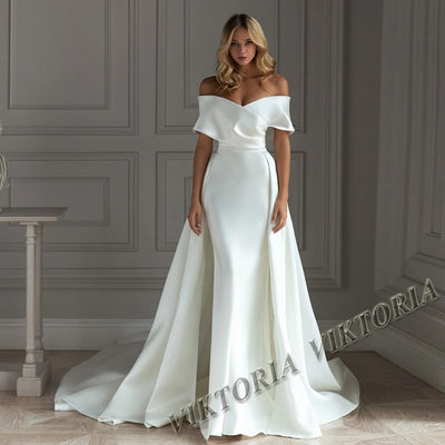 VIKTORIA Classic Satin Wedding Dress For Woman Bride 2025 Detachable Train Off Shoulder Mermaid Vestidos De Novia Drop Shipping