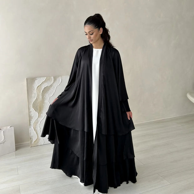 Eid Satin Abayas for Women Ruffles Cardigan Muslim Dress Dubai Turkey Kaftan Kimono Jalabiya Islam Prayer Ramadan Kebaya Robe