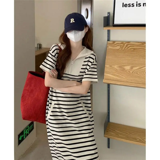 Fashion Lapel Zipper Spliced Striped Casual Dresses Female Clothing 2024 Summer New Loose Korean Short Sleeve Midi Dress