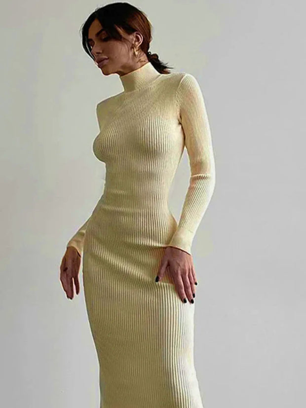 Autumn Winter Women Turtleneck Knitted Dresses Elegant Solid Bodycon Long Sleeve Sweater Dress Spring Office Lady Sexy Dresses