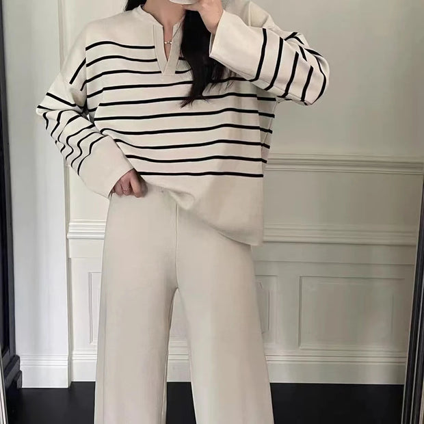 Women's Sweater Matching Set Winter New In Stripe Knit Pullover Long Sleeve Top Wide Leg Pants Set Casual Elegant Women's Sets