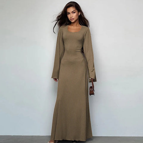 Elegant Knitted Maxi Dress For Women Fashion Solid Lace Up Long Sleeve Slim Dresses New Lady Commuting Robe Party Vestidos 2024