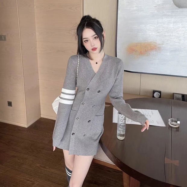 Autumn Fashion Chic Striped Long Sleeve Knitted Dress Women Clothing Vintage V-neck Slim Double Breasted Mini Dress