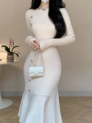 Korean Chic French Knitted Dress Women High Waist Fishtail Dresses Autumn Winter Long Sleeve Elegant Bodycon Dress Vesstidos