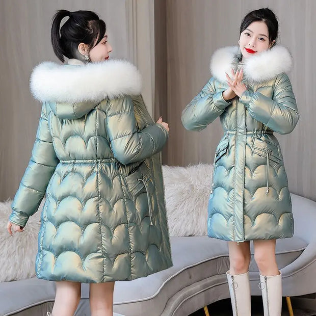 Korean Mermaid Women Midi Winter Parkas New Waterproof No Washing Required Slim Show Off Weight Fur Collar Drawstring Coats