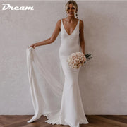 DREAM Customized Deep V Neck Crepe Detachable Train Mermaid Wedding Dress 2025 Sleeveless Open Back Simple Bridal Gowns Elegant