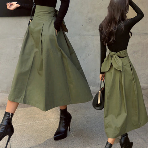 Skirts Womens Korean Fashion Solid Color Big Swing Ladies Skirt Long Skirt 2025 Autumn Wild High Waist Bow Slim Skirts