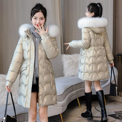 Korean Mermaid Women Midi Winter Parkas New Waterproof No Washing Required Slim Show Off Weight Fur Collar Drawstring Coats