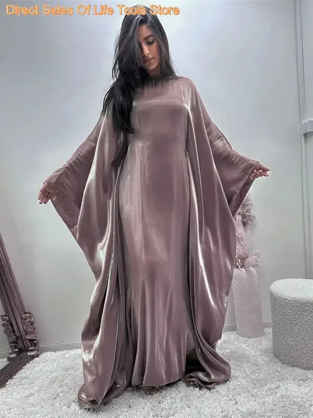 Ramadan Summer Batwing Sleeve Satin Butterfly Abaya Islam Muslim Maxi Dress Kebaya Women Kaftan Robe Musulmane Femme Vestidos