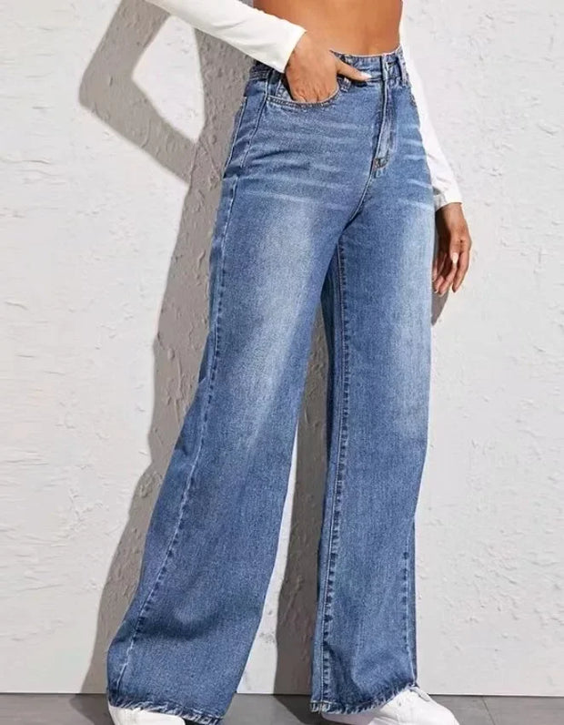 Slouchy Jeans Women High Waist Blue Jeans for Women Washed Zipper Fly Ankle Length Denim Pants Straight Leg Ladies Casual Jeans