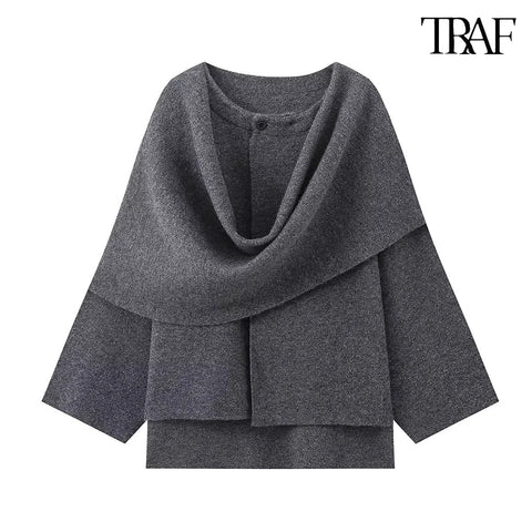 TRAF Women's Fashion 2024 fall and winter in Europe and the United States new solid color long-sleeved asymmetric scarf jacket