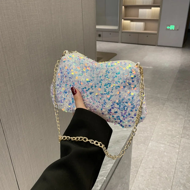 Sequins Crossbody Chain Bag Simple INS Solid Color Sequins Shoulder Bag Underarm Bag Phone Purse Evening Clutch Bags Handbag