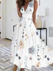 Summer V Neck Sleeveless Slim Sexy White Printing Casual Maxi Dresses Floral Elegant Party Holiday Long Dress Women