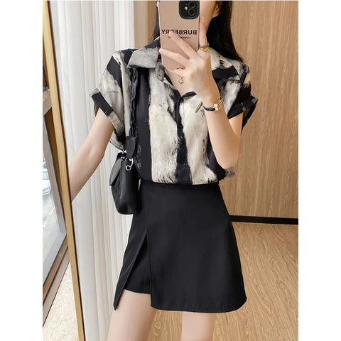 Summer 2024 New Fashion Temperament Printing Blouse Irregular High Waist A-line Skirt Two-piece Suit Femme Trend Matching Sets