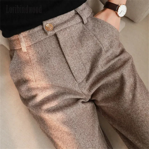 Woolen Pants Women's Harem Pencil Pants 2023 Autumn Winter High Waisted Casual Suit Pants Office Lady Women Trousers