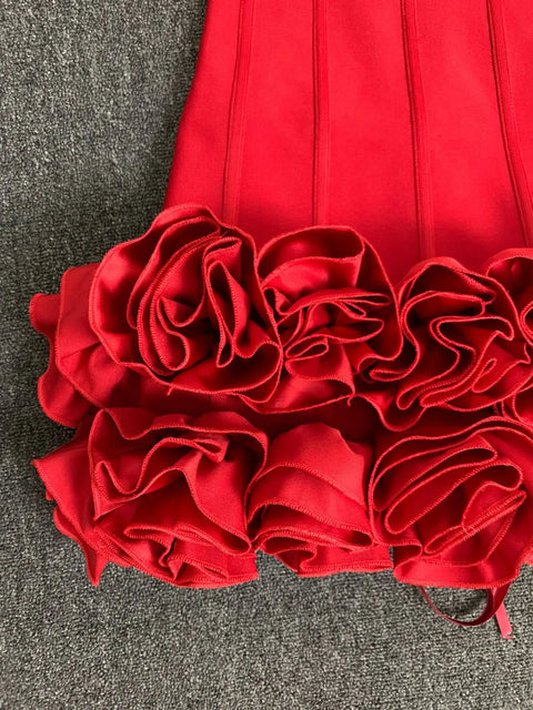 Women Red Evening Bandage Dress Hot Strapless Bodycon Flowers Hem Laced Up Mini Celebrity Birthday Party Dresses One Piece Gala