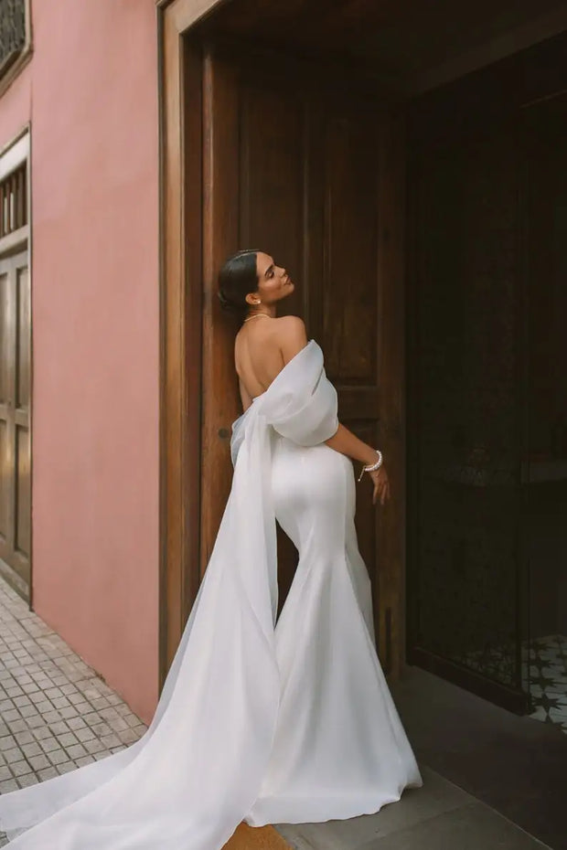 SoDigne 2023 Summer Wedding Party Dresses Off The Shoulder Pleats Bridal Dress Mermaid Satin Women Bride Gowns Customized