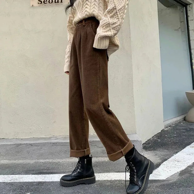 MEXZT Corduroy Wide Leg Pants Women Vintage High Waist Pockets Baggy Trousers Streetwear Korean All Match Black Straight Pants