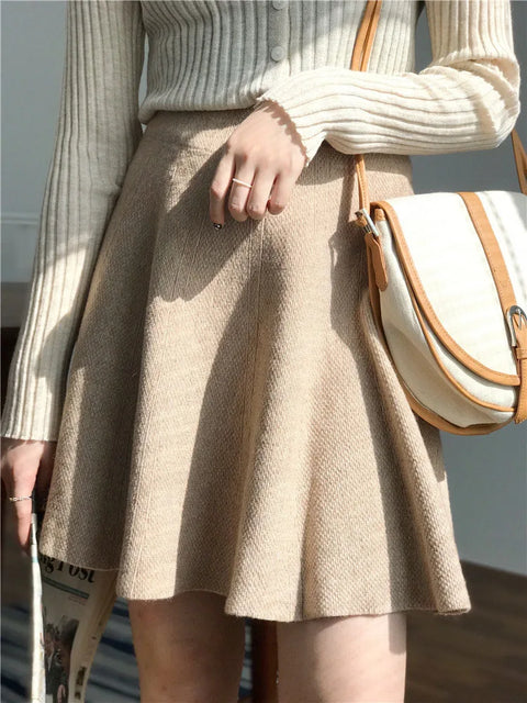 Knitted Mini Skirts Women High Waist Pleated Skirt Autumn Winter Streetwear Solid All Match A Line Skirts