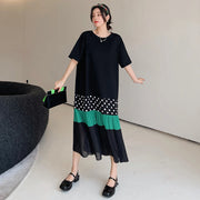 NYFS 2025 Summer New Korea Woman Dress Vestidos Robe Elbise Loose Plus Size Patchwork Dot Hem Short Sleeve Long Dresses