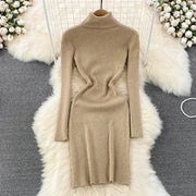 Elegant Turtleneck Long Sleeve Knit Bodycon Pencil Dress Slim Basic Fashion Sweater Vestido Sexy Women Autumn Winter Clothing