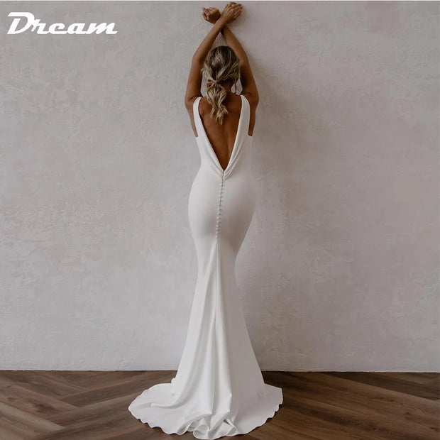 DREAM Customized Deep V Neck Crepe Detachable Train Mermaid Wedding Dress 2025 Sleeveless Open Back Simple Bridal Gowns Elegant