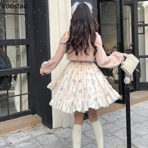 Sweet Lolita Style 2 Piece Dress Set Women Pink Bow Knitted Coat Kawaii Floral Mini Dress Female Korean Fashion Beach Party Suit