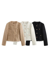 Chic Female Tweed Basic Jacket Coat Women Clothing Woolen Outerwear Long Sleeve Front Button Female Outerwear Chic Tops