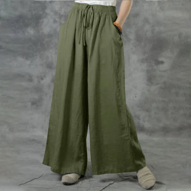 New Summer Loose Size Casual Wide-Leg Pants Solid Color Cotton Linen Elastic Waist Pants Ladies Street Drawstring Trousers