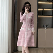 Pink Knitted Dress Women's Autumn New Round Neck High Waist Long Sleeve Slim Sweater A-line Small  Dress