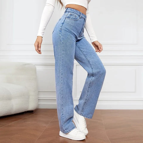 Straight High Waist Jeans Women 2024 New Leg Pockets Basics Ankle Length Pants Y2k Denim Trousers Vintage Blue Washed Jeans