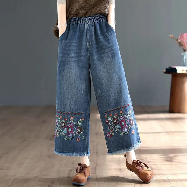 Retro National Style High Waist Embroidered Jeans Female Spring Autumn New Loose Wide-Leg Denim Trousers Women's clothing 2023